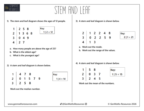 Stem and Leaf Diagrams - Maths GCSE Foundation Worksheet