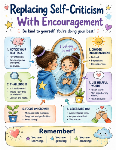 Replacing Self-Criticism With Encouragement I Educational Poster I Classroom Decor