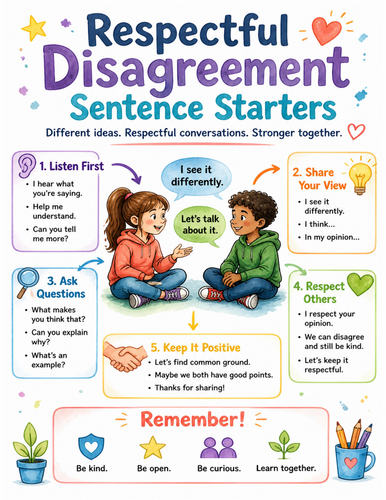 Respectful Disagreement Sentence Starters I Educational Poster I Classroom Decor