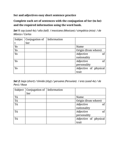 Ser and adjectives easy short sentence practice