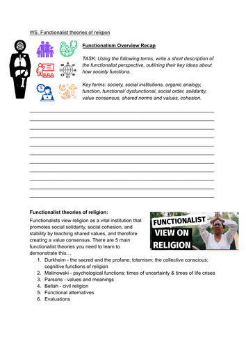 Functionalism on Religion Worksheet