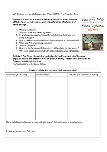Religion and Social Change - Calvinism Worksheet