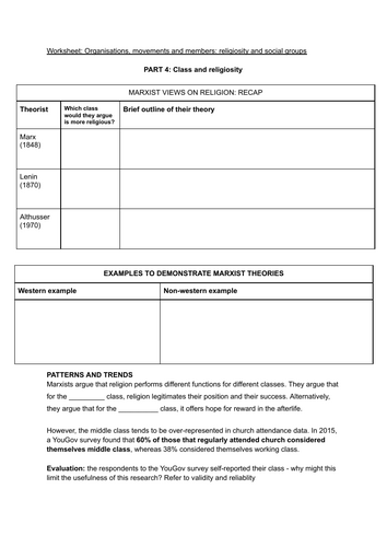 Social groups and levels of religiosity worksheets (age, class, gender and ethnic differences)