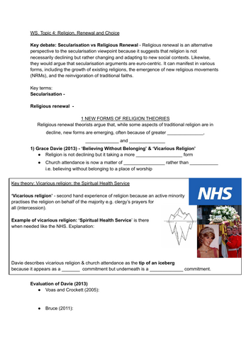 Religion, Renewal and Choice Worksheet (Postmodern Theories of Religion)