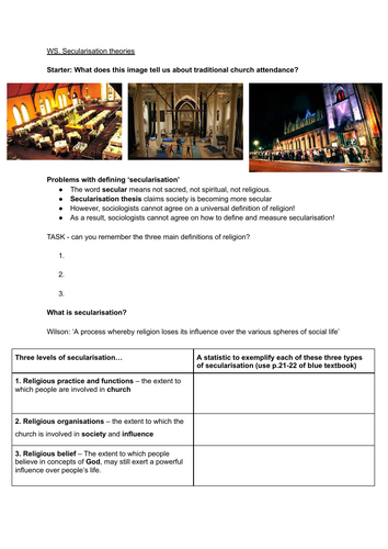 Secularisation theories worksheet (Beliefs in Society) AQA A Level Sociology