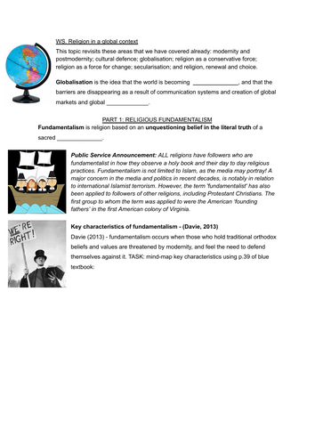 Religion in a global context worksheet (Beliefs in Society) AQA A Level Soc