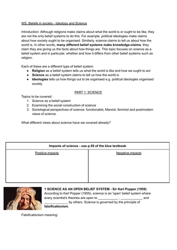 Science worksheet (Beliefs in Society) AQA A Level Sociology