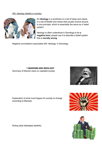 Ideology worksheet (Beliefs in society) AQA A Level Sociology