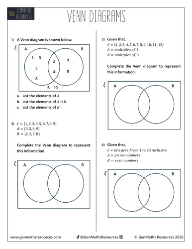 Venn Diagrams - Maths GCSE Foundation Worksheet