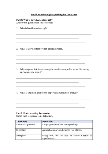 Non Fiction David Attenborough Worksheet