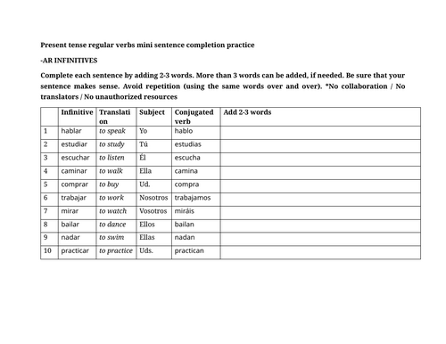Present tense regular verbs mini sentence completion practice