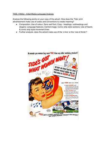 TIDE Context and 1950s adverts analysis worksheet