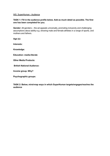 SuperHuman Audience Worksheet - Eduqas A Level Media Studies