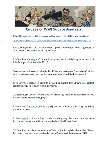 Causes of WWI Source Analysis Worksheet