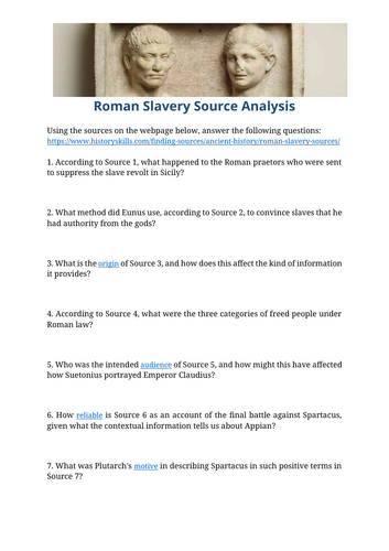 Ancient Roman Slavery Source Analysis Worksheet