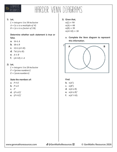 Harder Venn Diagrams & Set Notation - Maths IGCSE Foundation Worksheet