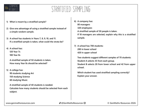 Stratified Sampling - Maths GCSE Foundation Worksheet