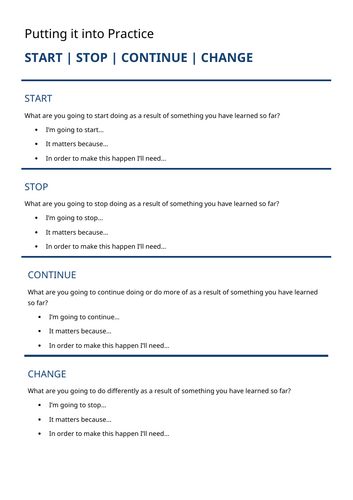 Putting into practise - start stop continue change sheet