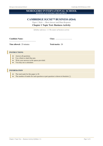 Topical Revision Questions for 0264 -IGCSE Business