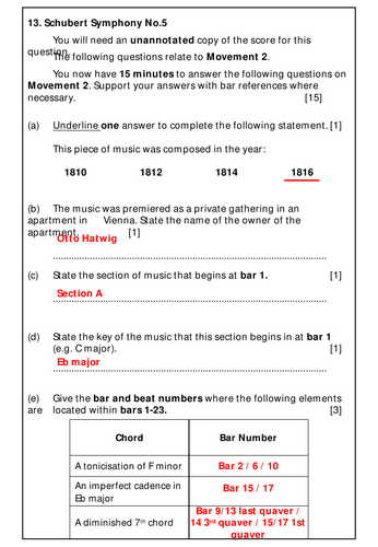 Eduqas A Level Schubert Symphony No.5 Movement 2 Exam Questions and Answers
