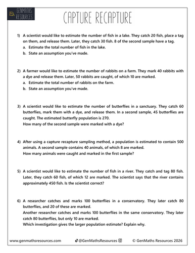 Capture Recapture - Maths GCSE Higher Worksheet