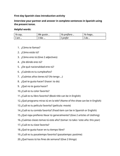 First day Spanish class introduction activity
