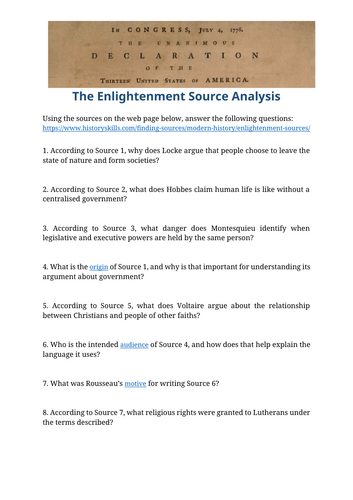 The Enlightenment Source Analysis Worksheet