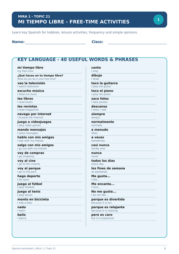 TIEMPO  LIBRE WORKSHEET