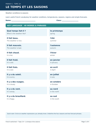 French l weather and seasons  colourful four-page worksheet.