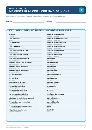 Spanish worksheet on cinema and film opinions