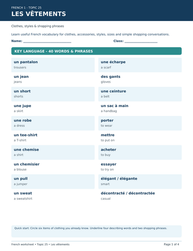 CLOTHES AND SHOPPING WORKSHEET