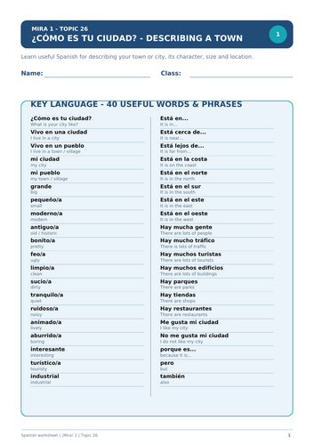 Spanish worksheet on describing towns and cities