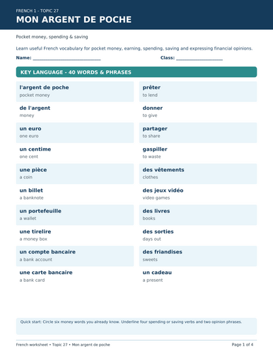 FRENCH POCKET MONEY WORKSHEET
