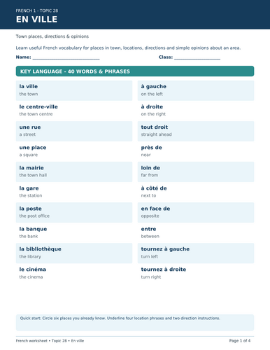 DANS MA VILLE WORKSHEET