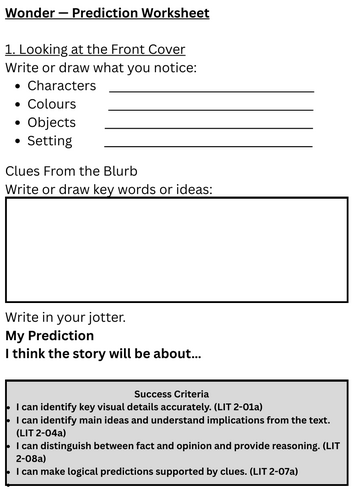 Wonder Prediction Worksheet (Second & Third Level)