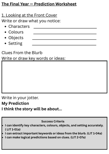 CfE First Level Prediction Worksheet for The Final Year – Early Literacy & Reading Skills