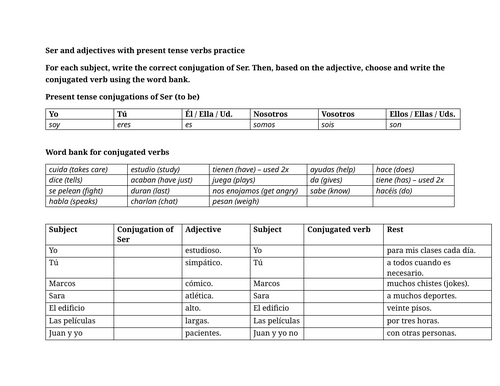 Ser and adjectives with present tense verbs practice