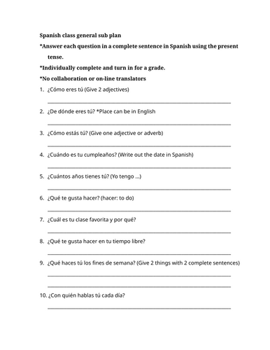 Spanish class general sub plan (Present tense)