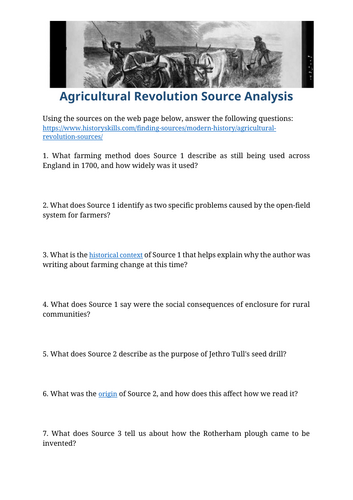 Agricultural Revolution in the Industrail Revolution Source Analysis Worksheet