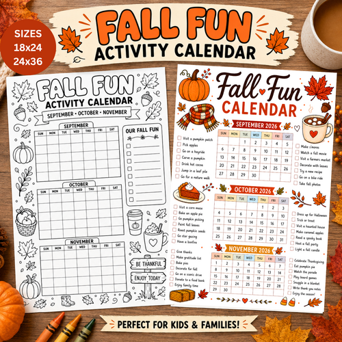 Fall Fun Activity Calendar 2026 | Printable Fall Bucket List Wall Calendar for Kids & Family