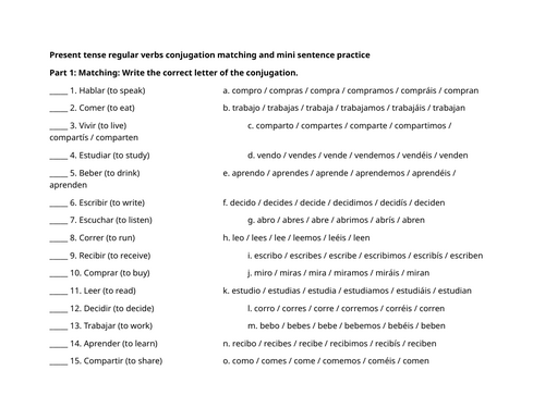 Present tense regular verbs conjugation matching and mini sentence practice