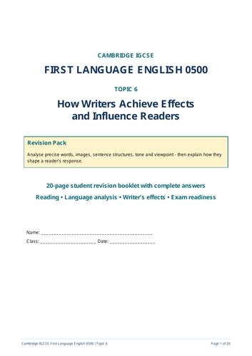 IGCSE ENGLISH  20-page revision booklet on how writers achieve effects and influence readers