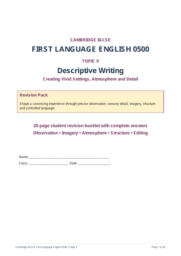 Cambridge IGCSE First Language English 0500 Descriptive Writing Revision Workbook