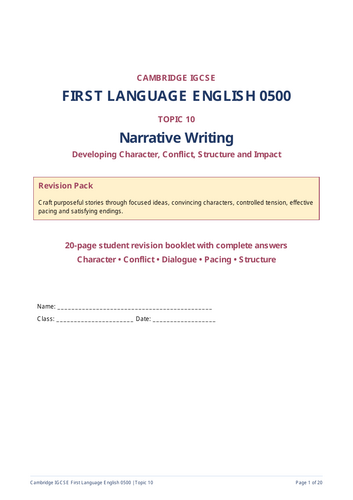 Cambridge IGCSE First Language English 0500 Narrative Writing Revision Workbook