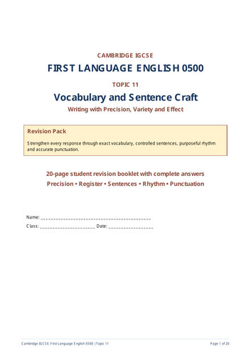Cambridge IGCSE First Language English 0500 Vocabulary Sentence Craft Workbook