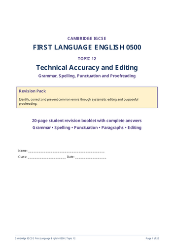 Cambridge IGCSE First Language English 0500 Technical Accuracy Editing Workbook