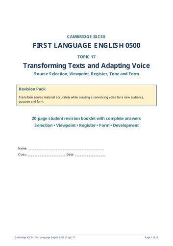 Cambridge IGCSE First Language English 0500: Transforming Texts and Voice
