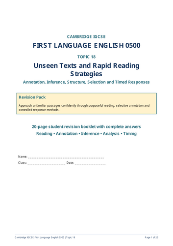 Cambridge IGCSE First Language English 0500: Unseen Texts Reading Strategies