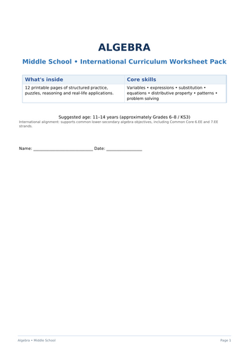 Algebra Middle school worksheet pack