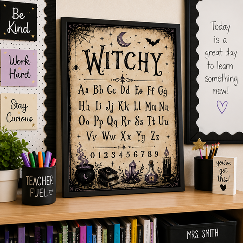 Witchy Alphabet Printable Wall Art, ABC Poster, Witch Decor Instant Download, Spooky Nursery